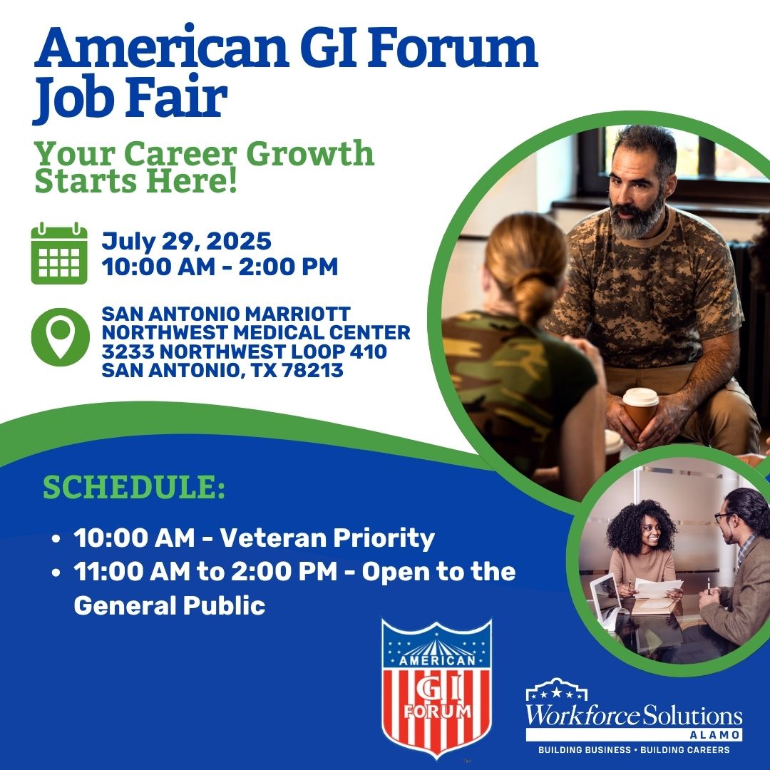 Jumpstart your career at the American GI Forum Job Fair on July 29! 

📅 July 29, 10 AM – 2 PM
 📍 Marriott Northwest Medical Center, 3233 NW Loop 410, SA, TX 78213
Register: eventbrite.com/e/american-gi-…

#JobFair #WorkforceSolutionsAlamo #AlamoArea