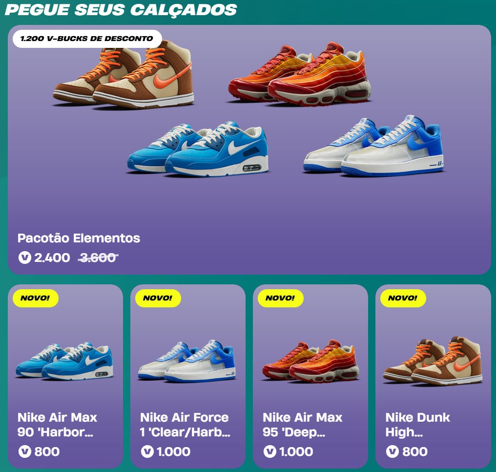 Kapirosco's tweet image. 👟 Novos Calçados Nike estão disponíveis na Loja de Itens!
🛒Compre-os aqui: fortnite.com/item-shop/bund…