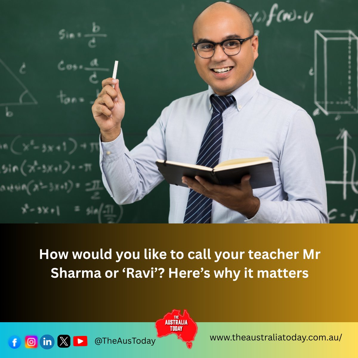 TheAusToday's tweet image. How would you like to call your #teacher, Mr Sharma or ‘Ravi’? Here’s why it matters
writes Nicole Brownlie
Read here: theaustraliatoday.com.au/how-would-you-…
@DrAmitSarwal @ShailendraBSing @Pallavi_Aus @JitarthJai @JasonClareMP @ConversationEDU @GoogleForEdu