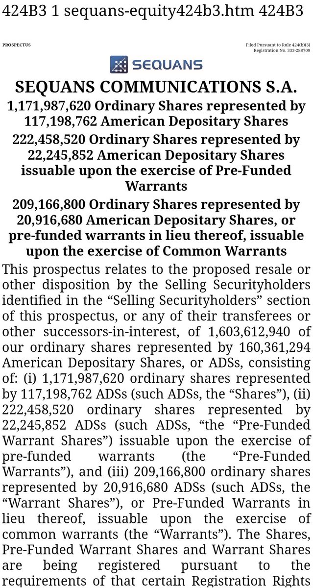 SpecialSitsNews's tweet image. $SQNS 424b3 resale of equity raised in prior offerings, just like $sbet and others last month
