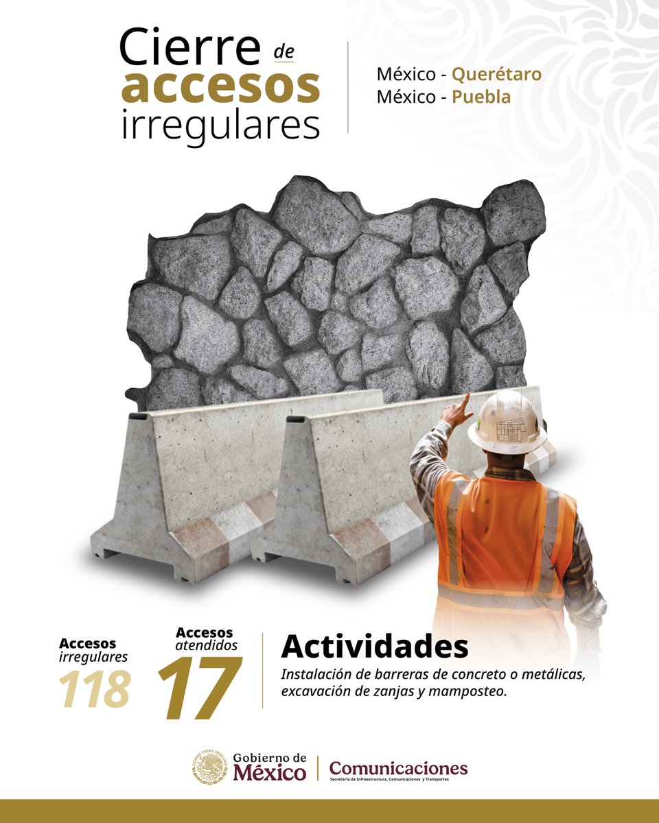 SICTmx's tweet image. Como parte de las estrategias de seguridad en carreteras federales, la #SICT comenzó con los trabajos de cierre de accesos irregulares en la México - Querétaro y México - Puebla, los cuales consisten en la instalación de barreras de concreto y excavación de zanjas 🚜🚧