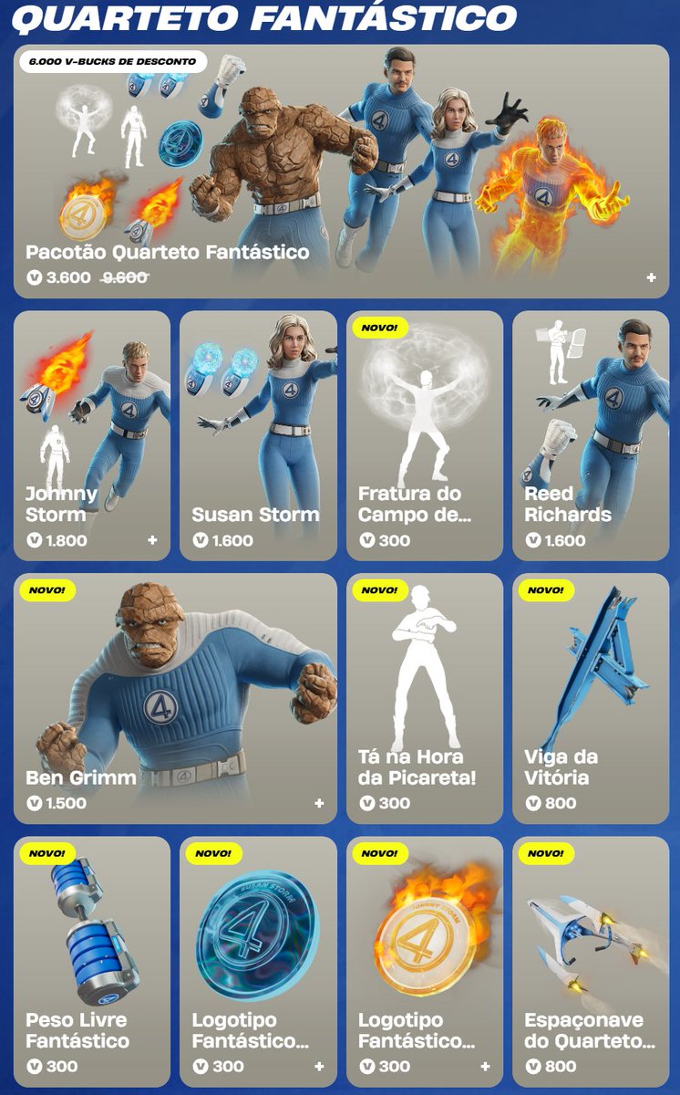 Kapirosco's tweet image. 🔥 Os cosméticos do Quarteto Fantástico já estão disponíveis na Loja de Itens do #Fortnite!
🪨 Considere usar meu código *KAPIROSCO* ao adquiri-los! #ad
🛒 Compre na Loja ou pelo Site: fortnite.com/item-shop/bund…