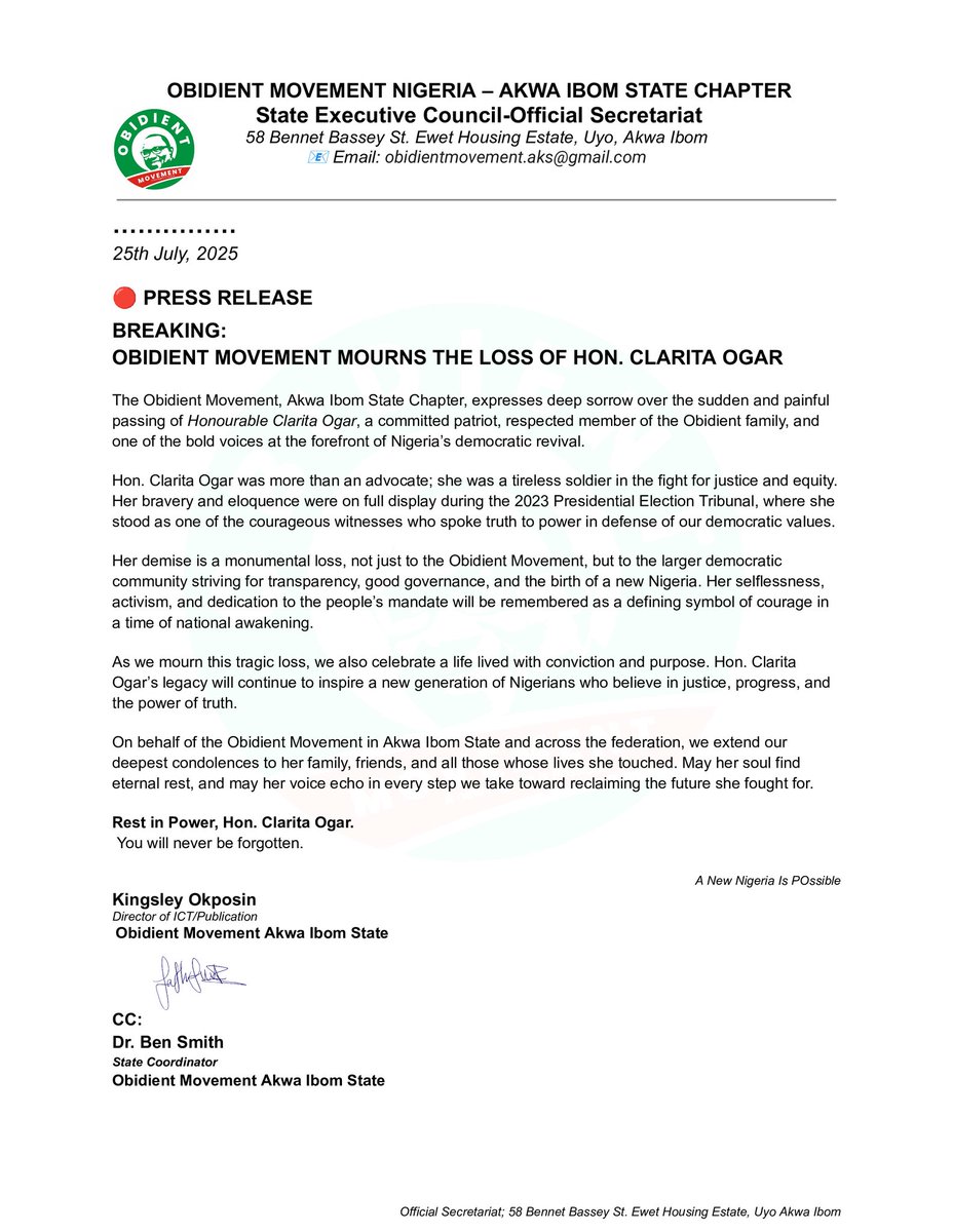ObidientAkwaHub's tweet image. The Obidient Movement, Akwa Ibom State, expresses deep sorrow over the sudden and painful passing of Honourable Clarita Ogar, a committed patriot, respected member of the Obidient family, a bold voices at the forefront of Nigeria’s democratic revival
#claraOgar
#AkwaIbomTwitter