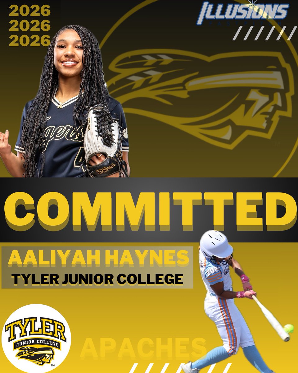We want to give a big congratulations to our #5, Aaliyah Haynes, on committing to continue her education &amp; softball career at Tyler Junior College!! #LeadTheWay #IllusionsGoldElite #ApacheSoftball