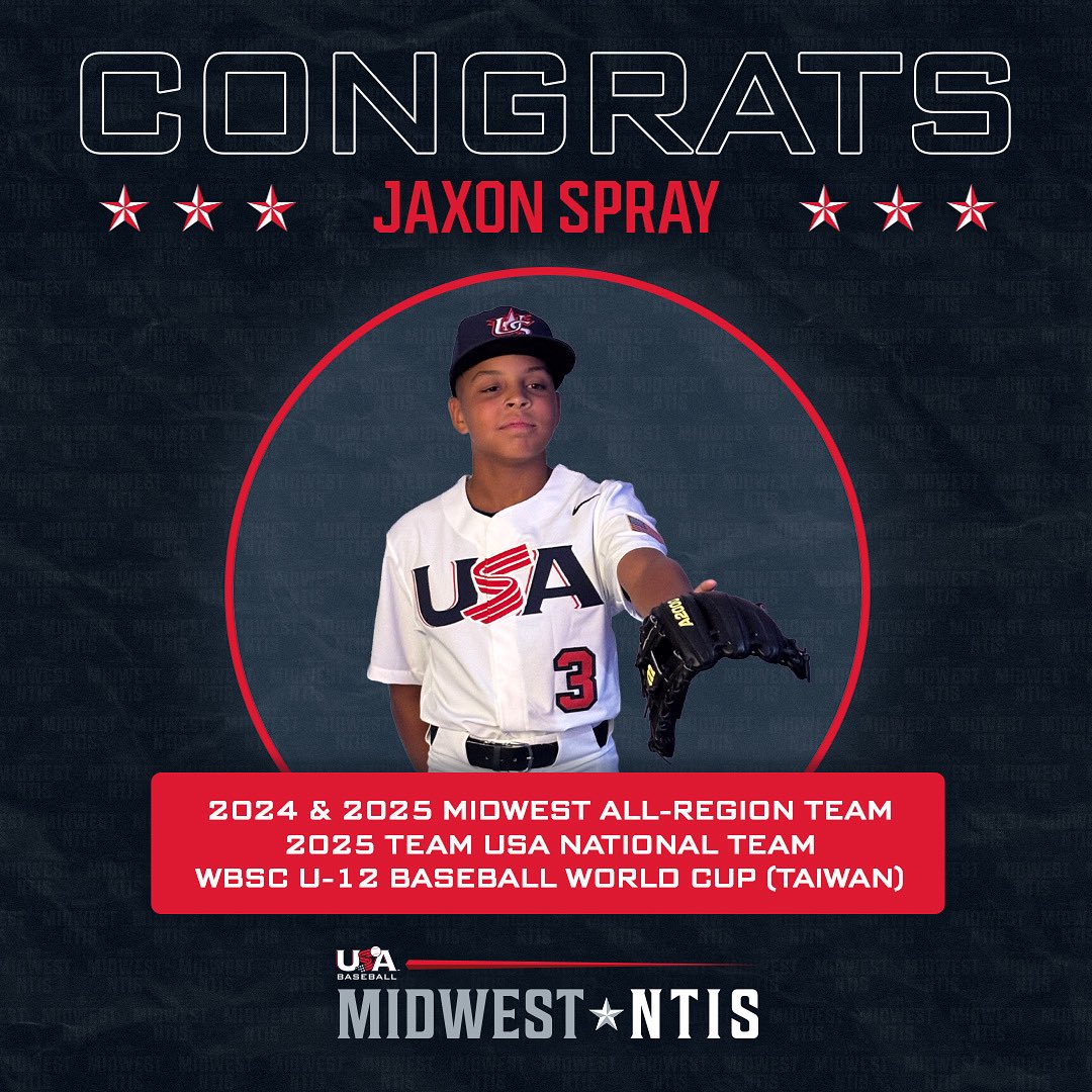 MidwestNTIS's tweet image. Congrats to @USABaseball Midwest All-Region Team member, Jaxon Spray, and his family! Jaxon was exceptional at the Champions Cup in Cary, NC last year! Please join us in rooting for him on the international stage!
#USABaseball🇺🇸 #MidwestDugout🥇