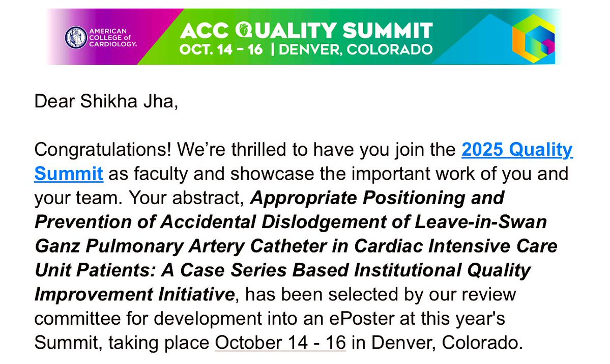 Shikha_Cardio's tweet image. 🩵 ⭐️ Cath Lab Quality Improvement has become one of my key areas of passion in the last 2 years of Fellowship Training. So grateful for the acceptance of our QI project for presentation at the ACC Quality Summit 2025 #ACC #FIT @AnneOConnorMD @ACCinTouch #PatientSafety…
