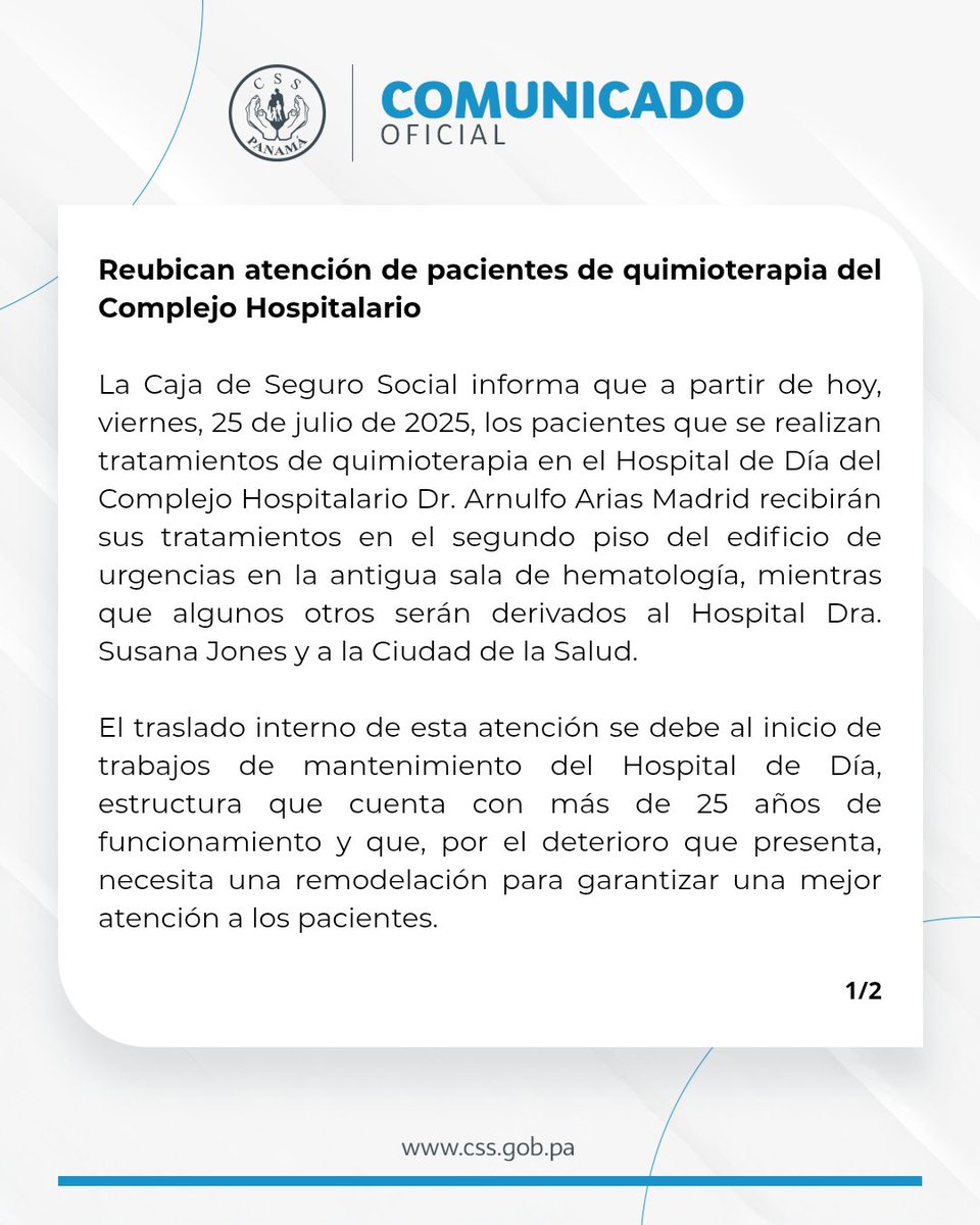 CSSPanama's tweet image. #ComunicadosCSS | Reubican atención de pacientes de quimioterapia del Complejo Hospitalario.