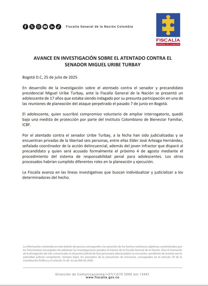 FiscaliaCol's tweet image. Boletín sobre el avance investigativo por atentado contra el senador Miguel Uribe Turbay.