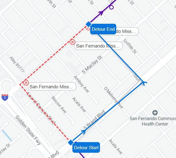 metrolaalerts's tweet image. LINE 230: Buses to Sylmar will detour from San Fernando Mission Rd. to Brand between Laurel Canyon and Mott, and buses to Studio City will divert to San Fernando Mission Rd./Mott and resume regular route at Laurel Canyon/Brand due to non-Metro accident until approximately 6:30pm.