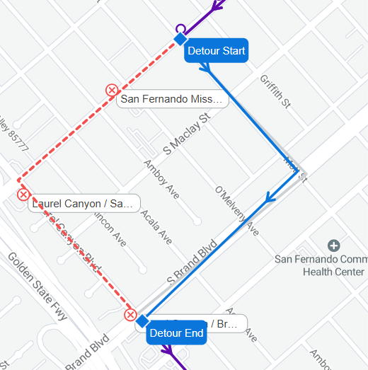 metrolaalerts's tweet image. LINE 230: Buses to Sylmar will detour from San Fernando Mission Rd. to Brand between Laurel Canyon and Mott, and buses to Studio City will divert to San Fernando Mission Rd./Mott and resume regular route at Laurel Canyon/Brand due to non-Metro accident until approximately 6:30pm.