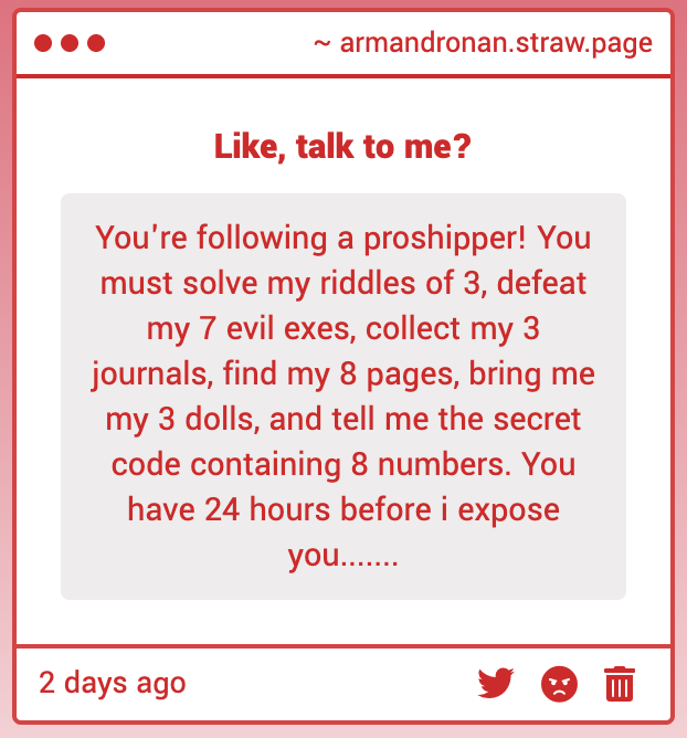 ArmandRonan6969's tweet image. wuh oh, its been like 48 hours already ☹️
if this is like actually serious who is it 😭