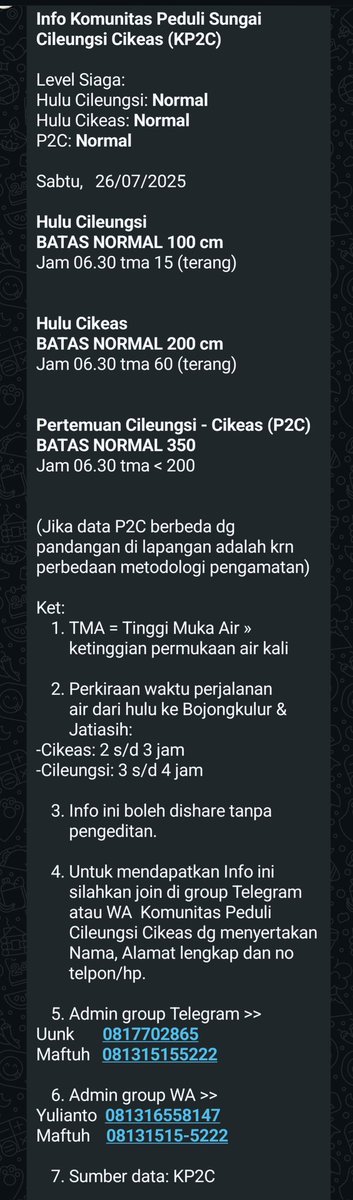KP2C (@kp2c_info) on Twitter photo InfoKP2C #TMA #Sabtu26Juli2025 hulu Cileungsi, Cikeas & P2C Normal. Cileungsi dan Cikeas terang <a href="/infoJATIASIH/">Jatiasih™</a> <a href="/kec_jatiasih/">KECAMATAN JATIASIH | #AyoPakaiMasker</a> <a href="/pemkotbekasi/">Pemerintah Kota Bekasi</a> <a href="/bogorkab/">Pemerintah kabupaten Bogor | #75TahunJabar</a> <a href="/BPBDJabar/">BPBD Provinsi Jawa Barat</a> <a href="/bpbdbogorkab/">bpbdbogorkab</a> <a href="/pastigana/">Pastigana BNPB</a> <a href="/txtdrbekasi/">TxtdariBekasy 🇵🇸</a> #SiapUntukSelamat #BudayaSadarBencana #StaySafe #StayHealthy InfoKP2C #TMA #Sabtu26Juli2025 hulu Cileungsi, Cikeas & P2C Normal. Cileungsi dan Cikeas terang <a href="/infoJATIASIH/">Jatiasih™</a> <a href="/kec_jatiasih/">KECAMATAN JATIASIH | #AyoPakaiMasker</a> <a href="/pemkotbekasi/">Pemerintah Kota Bekasi</a> <a href="/bogorkab/">Pemerintah kabupaten Bogor | #75TahunJabar</a> <a href="/BPBDJabar/">BPBD Provinsi Jawa Barat</a> <a href="/bpbdbogorkab/">bpbdbogorkab</a> <a href="/pastigana/">Pastigana BNPB</a> <a href="/txtdrbekasi/">TxtdariBekasy 🇵🇸</a> #SiapUntukSelamat #BudayaSadarBencana #StaySafe #StayHealthy