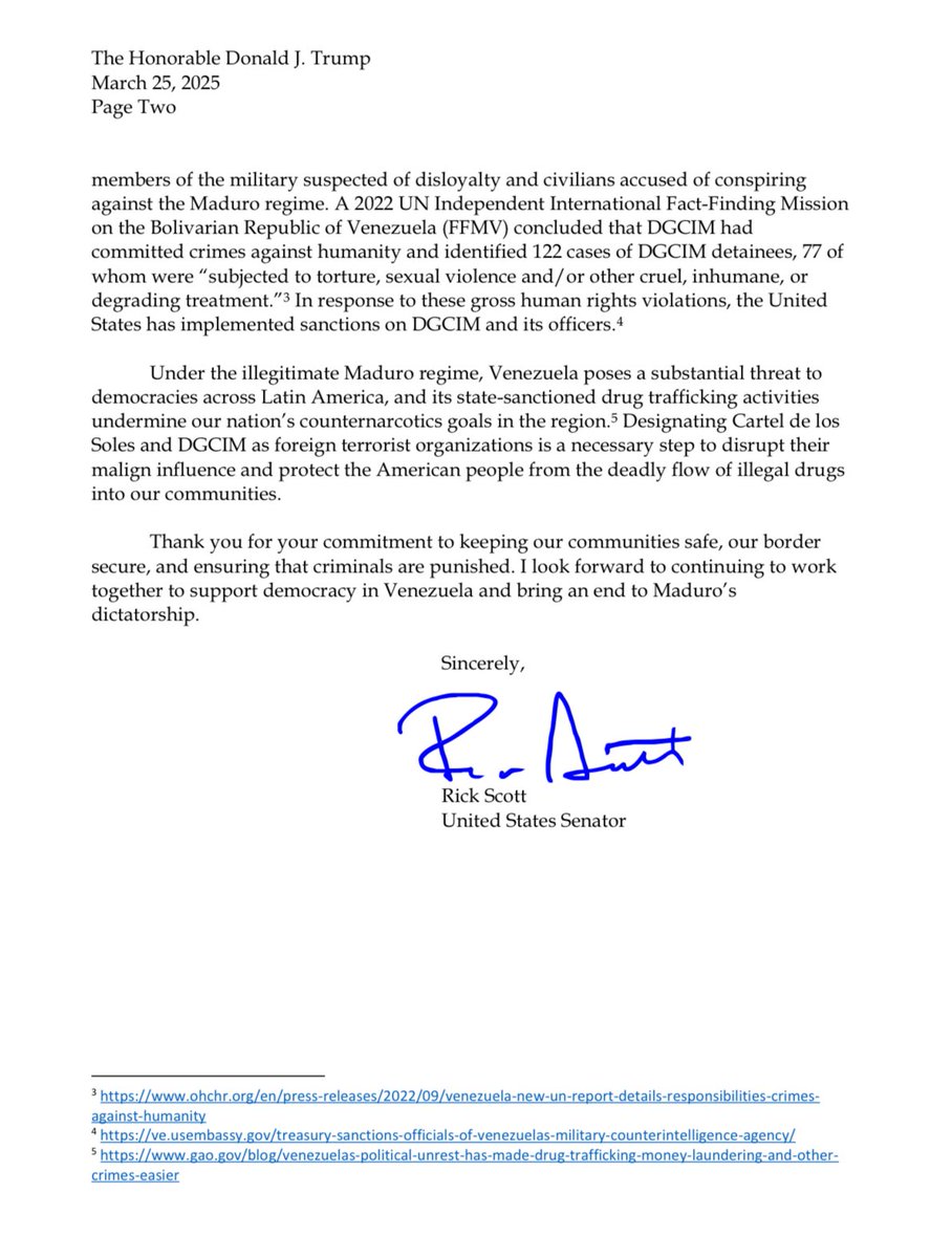 Rick Scott (@senrickscott) on Twitter photo Thank you, <a href="/POTUS/">President Donald J. Trump</a>, <a href="/SecRubio/">Secretary Marco Rubio</a>, and <a href="/SecScottBessent/">Treasury Secretary Scott Bessent</a>, for granting my request to designate Cartel de los Soles as a terrorist organization.
Americans are safer now that it’s harder for this disgusting gang to terrorize our country by flooding it with deadly drugs.
Read more: Thank you, <a href="/POTUS/">President Donald J. Trump</a>, <a href="/SecRubio/">Secretary Marco Rubio</a>, and <a href="/SecScottBessent/">Treasury Secretary Scott Bessent</a>, for granting my request to designate Cartel de los Soles as a terrorist organization.
Americans are safer now that it’s harder for this disgusting gang to terrorize our country by flooding it with deadly drugs.
Read more: