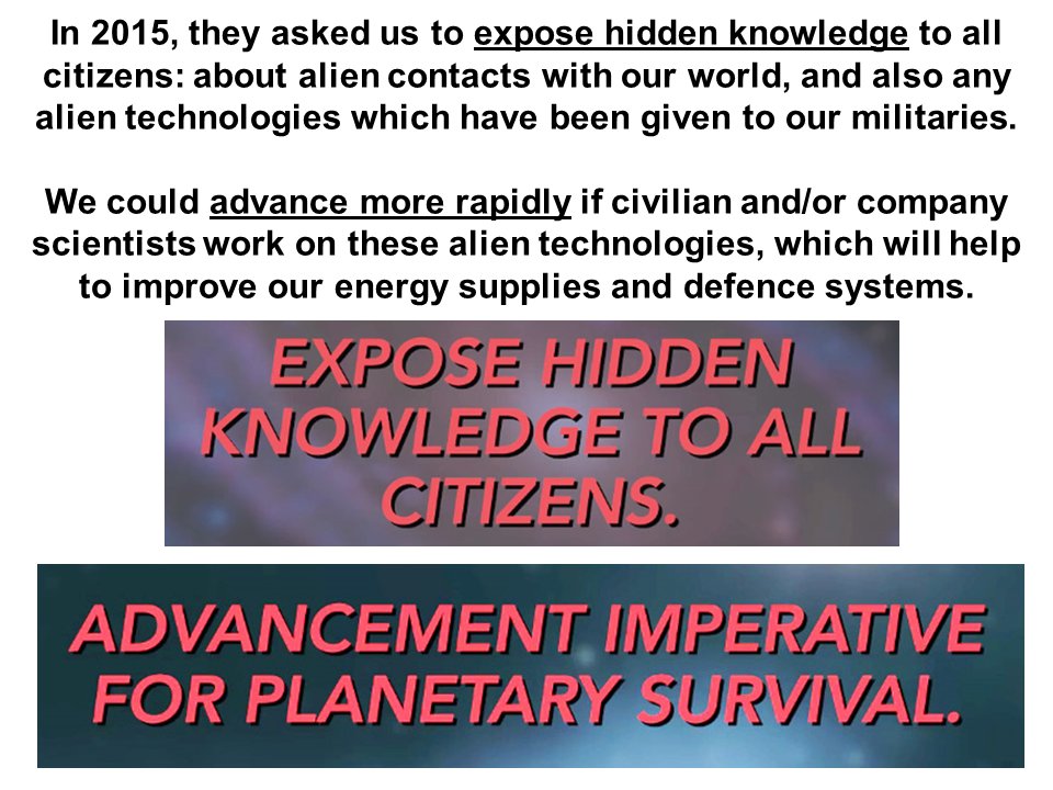RedCollie1's tweet image. We were warned about a "space vessel threat" back in 2016 by the Emerthers, a friendly E.T. race who are opposed to certain enemy "grey aliens" (slide 1).
"Embrace this space-vessel threat. Imminent threat soon to Earth's leaders and civilizations. Evolutionary advancement needed…
