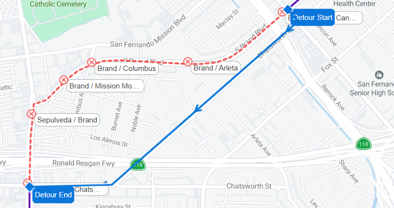 metrolaalerts's tweet image. LINE 234: Buses to Sherman Oaks Galleria divert to Laurel Canyon/Brand and resume regular route at Sepulveda/Chatsworth due to non-Metro accident. Expected clearance is 6:30pm.