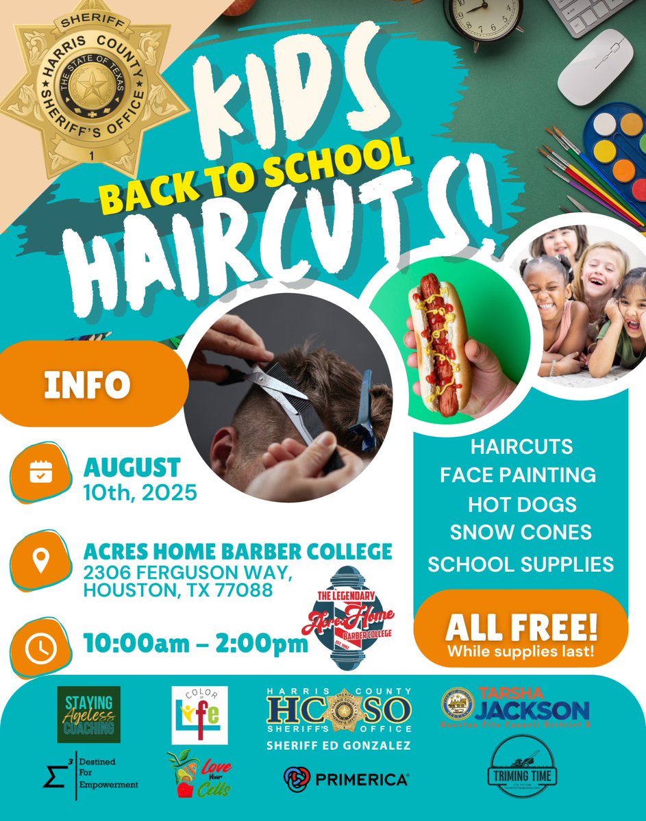 HCSO_Parks's tweet image. Join us for the HCSO Parks Unit Back-to-School Event! Get your FREE haircut before the school year starts.
August 10, 2025 10 A.M. - 2 P.M.