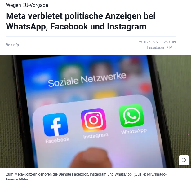 PeterBorbe's tweet image. Die Zensurmaßnahmen der EU tragen langsam Früchte: Der Meta-Konzern verbietet politische Anzeigen bei WhatsApp, Facebook und Instagram, aber nur in der EU. Denn die EU-Verordnungen sind praktisch unerfüllbar, zumindest nicht mit vertretbarem Aufwand.
t-online.de/digital/aktuel…
