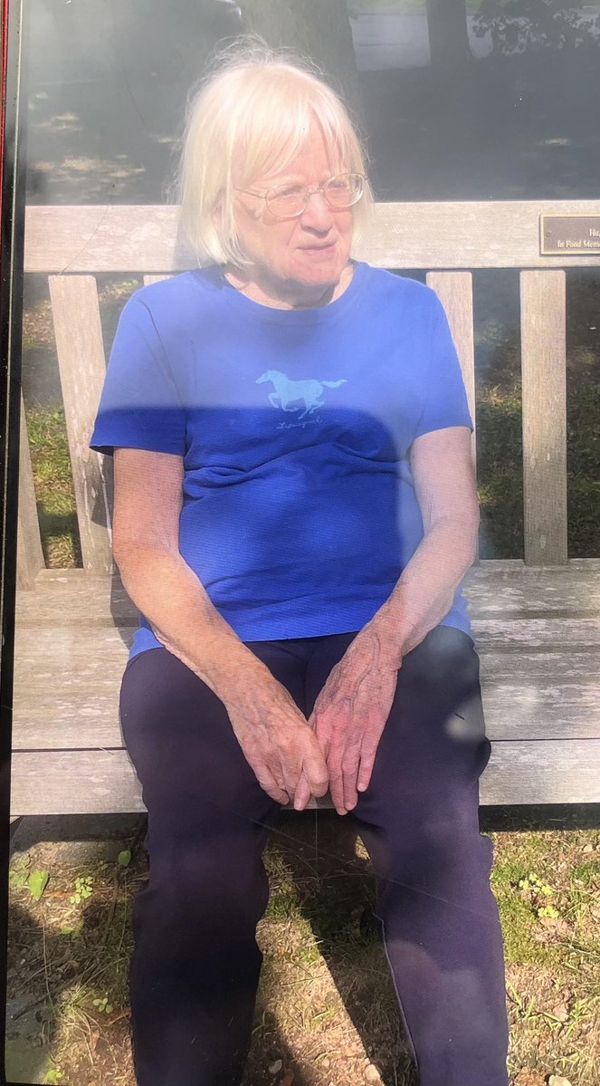 WellesleyPolice's tweet image. MISSING PERSON: Ann Smith, 80 yr old W/F, 5’ 3” w/ short white hair - LSW short sleeve, blue shirt and blk pants, with small, multi-colored dots. Thin, wears glasses. Last seen walking away from 65 Walnut St. (Newton line) around 5:15PM. Call WPD 781.235.1212 with any info.