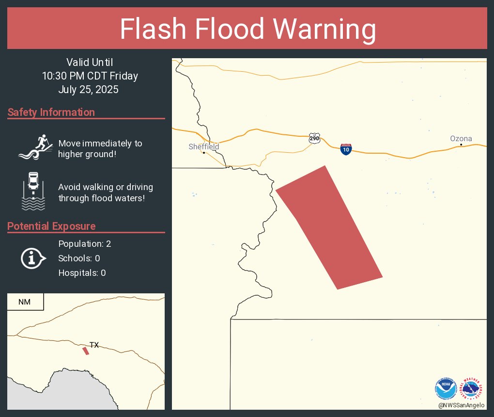 NWSFlashFlood's tweet image. Flash Flood Warning including Crockett County, TX until 10:30 PM CDT