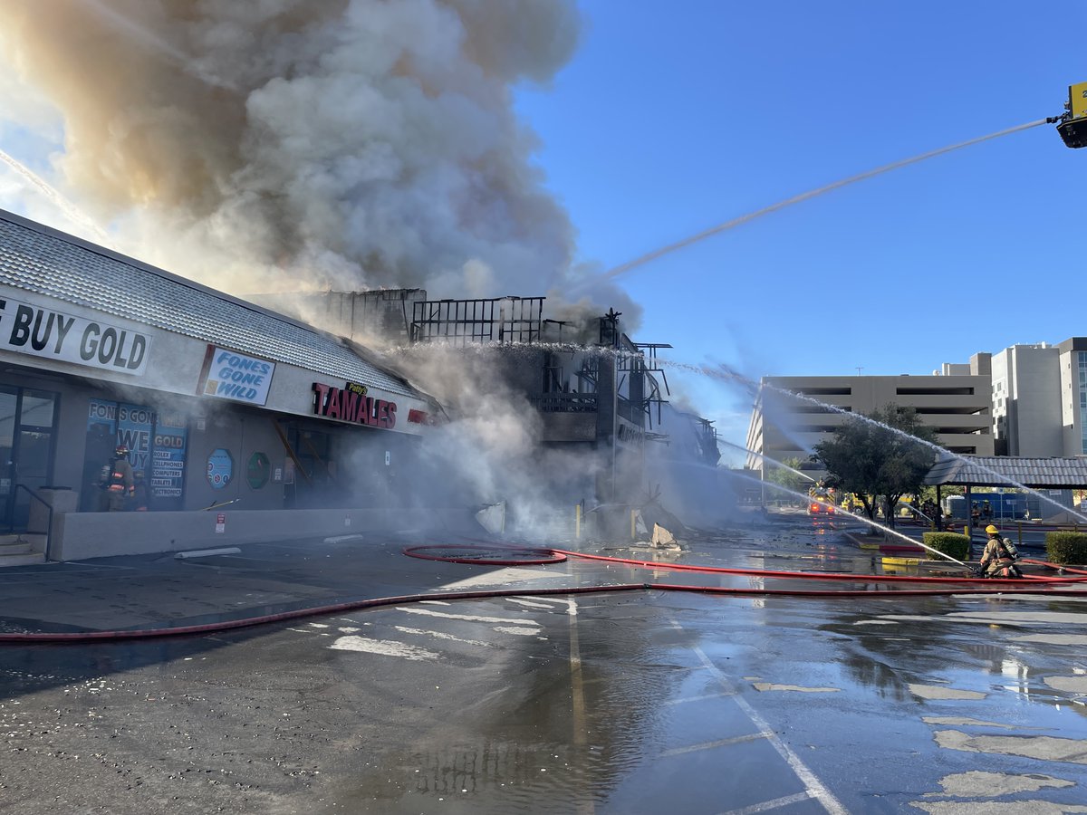 Great work by <a href="/ClarkCountyFD/">Clark County FD</a> and partners today fighting a big fire east of the Las #Vegas Strip near <a href="/unlv/">UNLV</a>. You may have seen the smoke.
 
The three alarm fire was at the University Shopping Center on Maryland Pkwy. There was extensive damage - no cause determined as of yet.