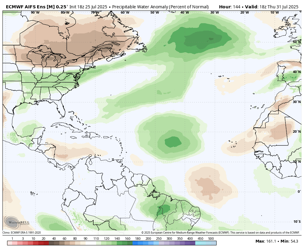 garrettmb's tweet image. D6 on the Euro Ens. Ds 9 and 12 on the Euro AI Ens.
Pretty solid signal still apparent. Given a generally moist airmass north of the anticipated parent wave and monsoon trough, my hunch is we do at least see a healthy broad wave through 50W that will be capable of TCG.
After…