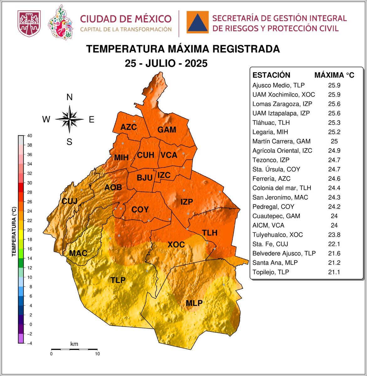 SGIRPC_CDMX's tweet image. Distribución espacial de las temperaturas máximas registradas el 25-07-2025, por las redes de: SGIRPC, SEDEMA y SENEAM. #TrabajandoJuntos #LaPrevenciónEsNuestraFuerza