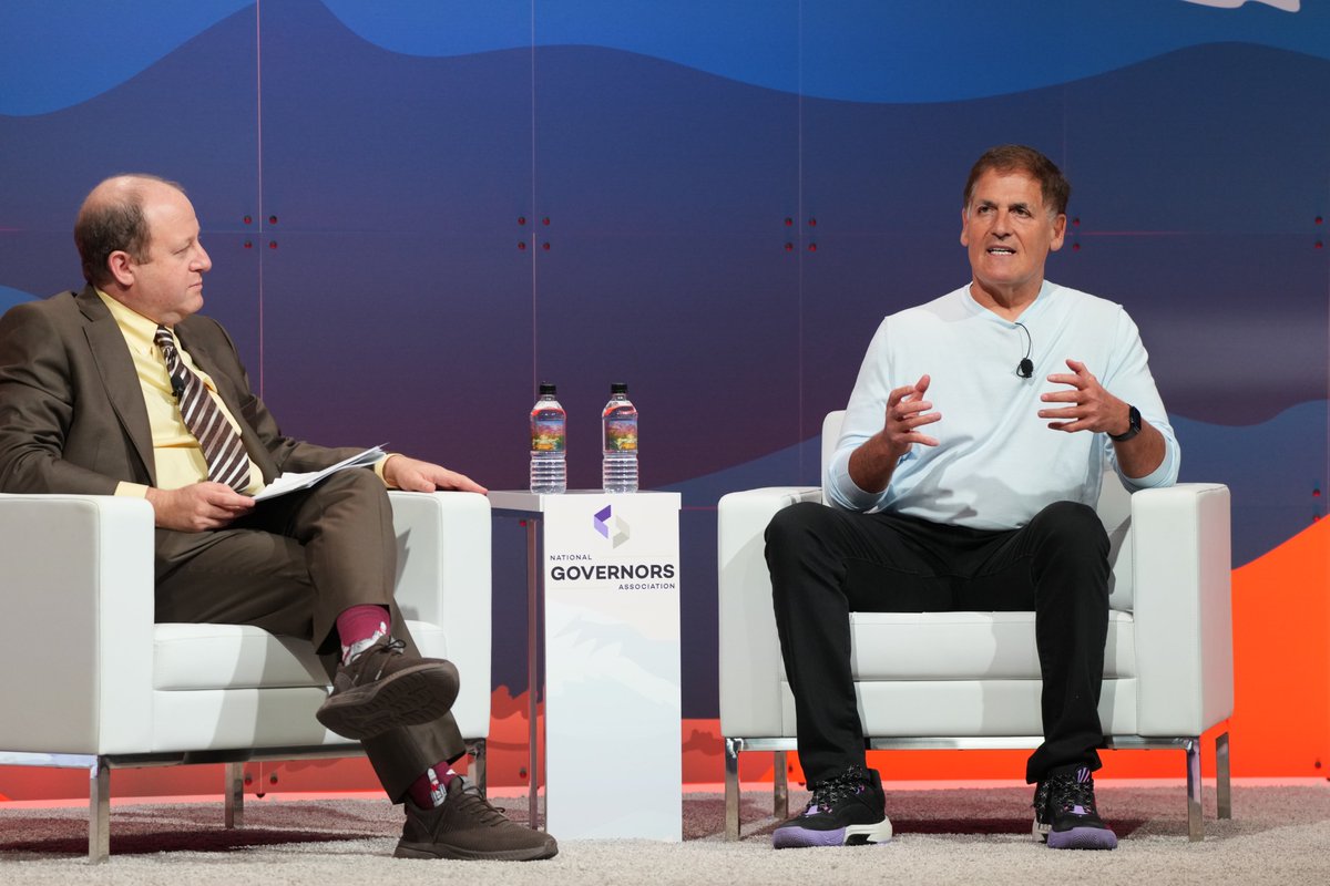 NatlGovsAssoc's tweet image. Closing out Day 1 of the 2025 #NGASummerMeeting, NGA Chair @GovofCO Jared Polis welcomed entrepreneur Mark Cuban (@mcuban) for a fireside chat on the potential of advanced technologies like AI to impact education. Learn more and watch the discussion here: nga.org/news/press-rel…