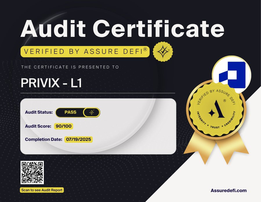 Hawk Of Crypto (@hawkofcrypto) on Twitter photo As a new privacy chain, trust is everything.
$PRIVIX just passed a full audit by <a href="/AssureDefi/">Assure DeFi</a> , one of the best in the space — And 0 vulnerabilities found.
This 3rd-party validation is a huge step for adoption & credibility. Team is clearly doing all the right things! As a new privacy chain, trust is everything.
$PRIVIX just passed a full audit by <a href="/AssureDefi/">Assure DeFi</a> , one of the best in the space — And 0 vulnerabilities found.
This 3rd-party validation is a huge step for adoption & credibility. Team is clearly doing all the right things!