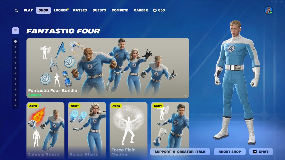 ThisIsITalk's tweet image. Shoutout to Epic Games for hooking me up with the Fantastic Four set! They are available in the shop NOW! They leave 10 days from now! Code ITALK if you'd like to support me! #EpicPartner