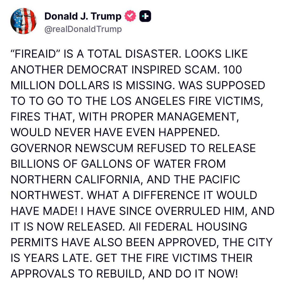 Happy to see that President Trump has thoughts about the $100 million scam that was FireAid.

I wonder why Gavin Newsom has yet to comment on the whole fiasco.
