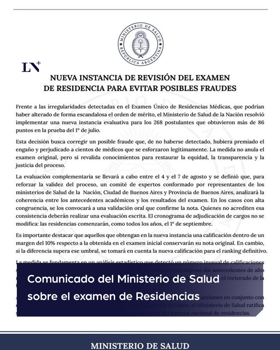 lanacionmas's tweet image. 🔷 Entre el 4 y el 7 de agosto se realizará la evaluación oral de 268 postulantes que obtuvieron más de 86 puntos, para confirmar sus resultados. Esta instancia busca garantizar transparencia antes del inicio de las residencias el 1° de septiembre.