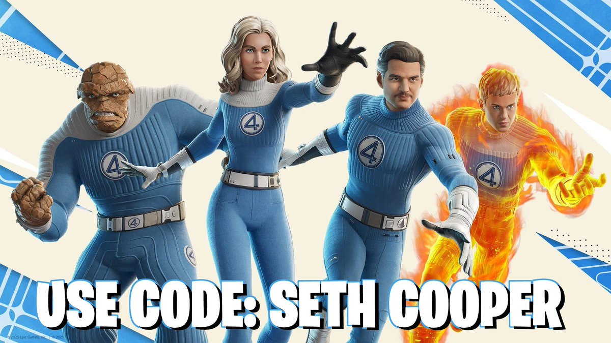 SethCooperrr's tweet image. THE FANTASTIC FOUR SKINS ARE HERE!! 4⃣🔥
Remember to enter my support-a-creator code: SETHCOOPER before you get them! 💙