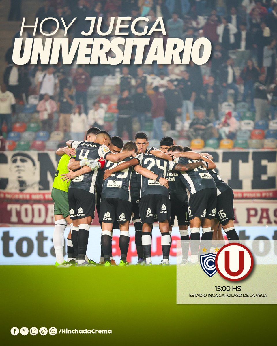 hinchadacrema's tweet image. ¡𝗛𝗢𝗬 𝗝𝗨𝗘𝗚𝗔 𝗟𝗔 𝗨! 🔥
⚽️ Cienciano vs @Universitario
🏆 #Liga1TeApuesto
⏰ 18:30 hs.
🏟 Estadio Inca Garcilaso de la Vega
𝘾𝙖𝙢𝙞𝙣𝙖𝙧𝙚𝙢𝙤𝙨 𝙨𝙞𝙚𝙢𝙥𝙧𝙚 𝙟𝙪𝙣𝙩𝙤𝙨. 💛
#LaGarraDelÚnicoGrande