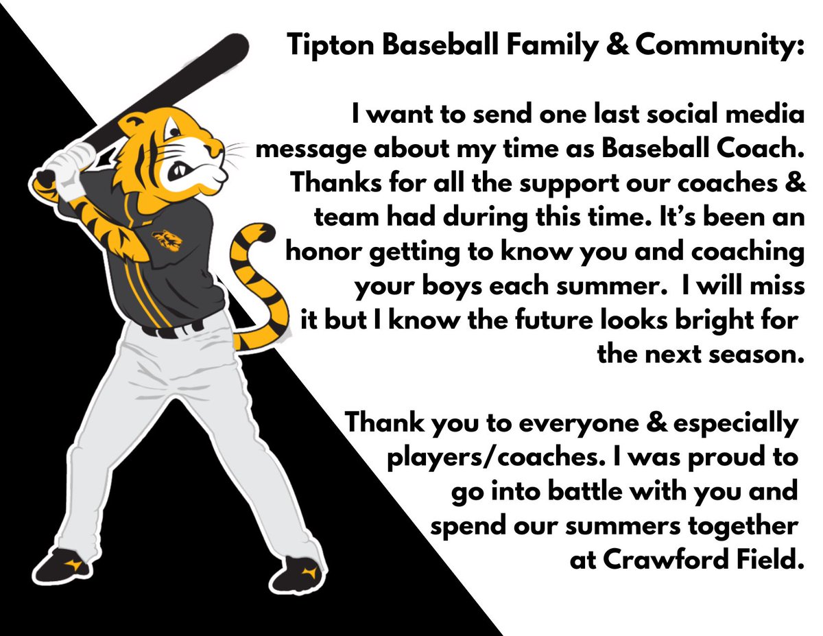 TiptonBaseball's tweet image. Thanks, to all of our Tiger Baseball Family. It&apos;s been an honor to try to impact our kids in a positive way through this great game of baseball. Whether you played 1 year or 5, know that I enjoyed working with you and wish you and the program nothing but success in the future.
