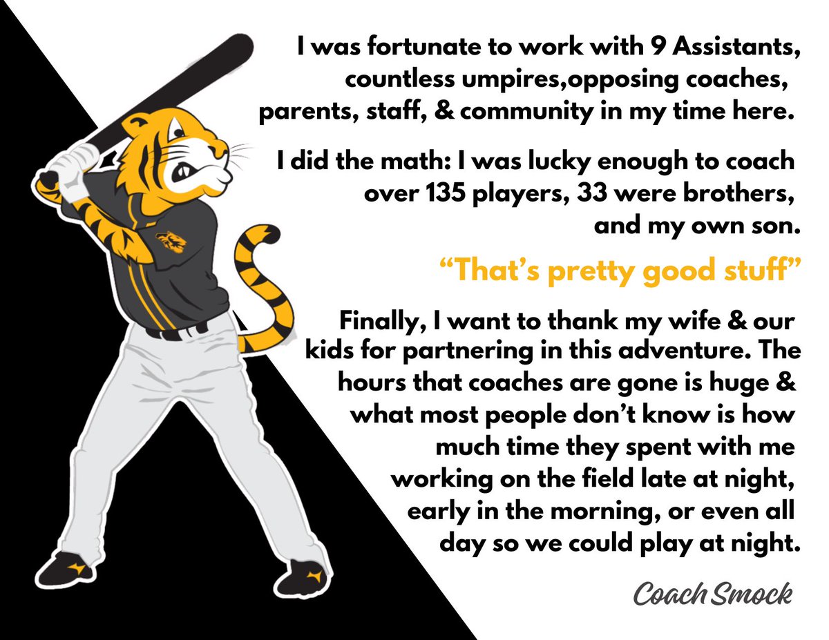 TiptonBaseball's tweet image. Thanks, to all of our Tiger Baseball Family. It&apos;s been an honor to try to impact our kids in a positive way through this great game of baseball. Whether you played 1 year or 5, know that I enjoyed working with you and wish you and the program nothing but success in the future.