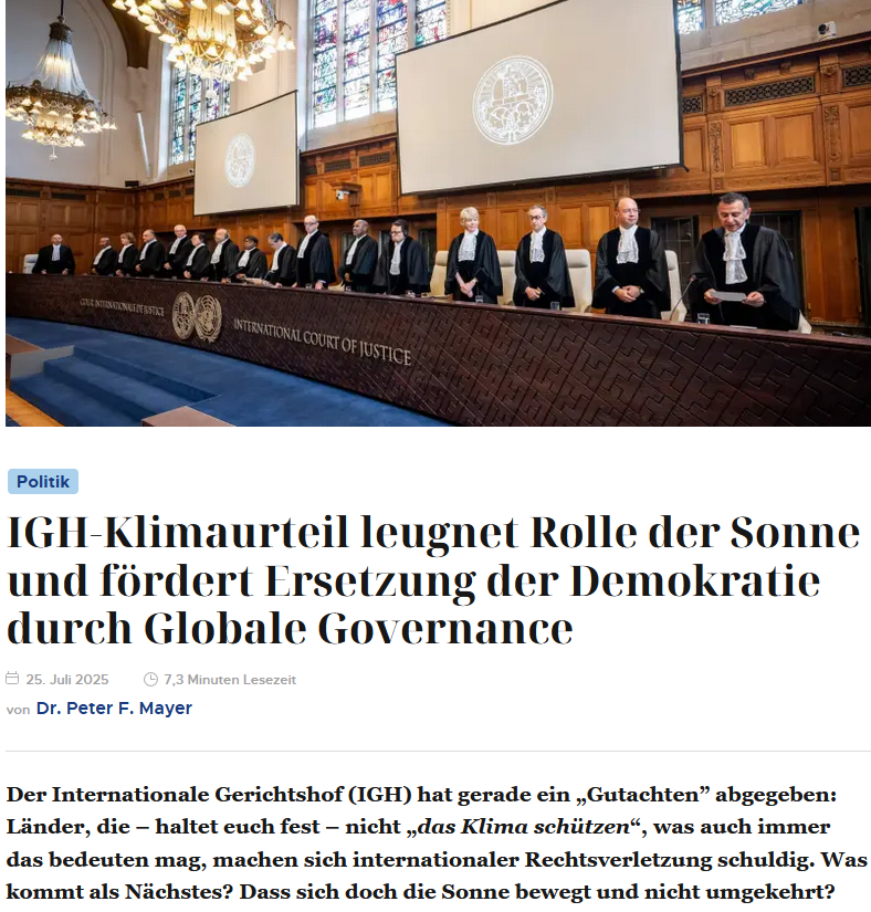 LastHawk33's tweet image. Wyrok Międzynarodowego Trybunału Sprawiedliwości (MTS) w sprawie klimatu zaprzecza roli Słońca i promuje zastąpienie demokracji globalnym zarządzaniem.
Oryginalny tytul:
IGH-Klimaurteil leugnet Rolle der Sonne und fördert Ersetzung der Demokratie durch Globale Governance