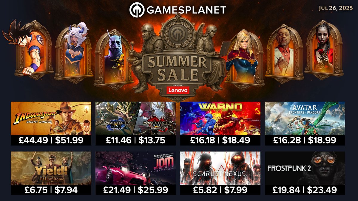 GamesplanetUK's tweet image. The weekend is here and with it comes Day 2 of the Gamesplanet Summer sale. Check out sale Highlights on #IndianaJones, #Avatar, #MonsterHunter, #Frostpunk2 and more!😉
🔥gamesplanet.com/promo/summersa…
Sale ends August 4th at 1am PT / 9am BST