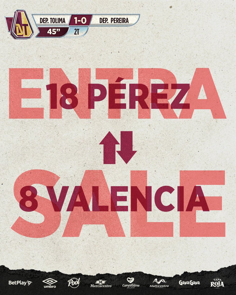 cdtolima's tweet image. 45’ ⏱️ Cambio en el PIJAO.
Entra Kevin Pérez, sale Ever Valencia.
| Deportes Tolima 1-0 Deportivo Pereira |