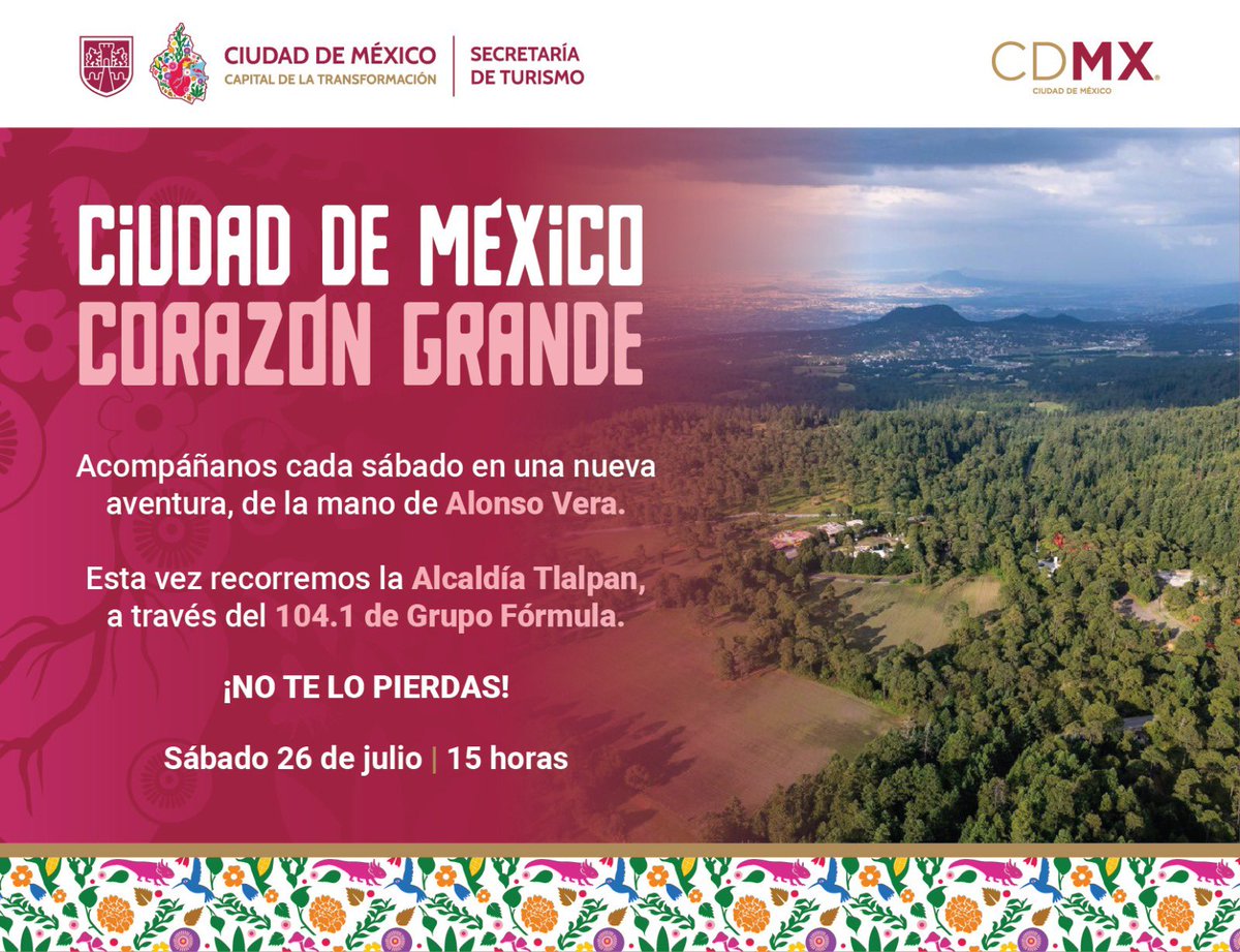 ¡No te pierdas el siguiente capítulo de #CDMXCorazonGrande!

Naturaleza, historia, gastronomía, tradición y cultura de <a href="/TlalpanAl/">Alcaldía Tlalpan</a>, te sorprenderán mañana 26 de julio con <a href="/alonsovera/">Pata de Perro</a>.

🕝15:00 hrs.
Sigue la transmisión en: 📹🔴
youtube.com/@GrupoFormula-…

 <a href="/alefrausto/">Alejandra Frausto</a>  <a href="/Gabyosoriohdz/">Gaby Osorio</a>