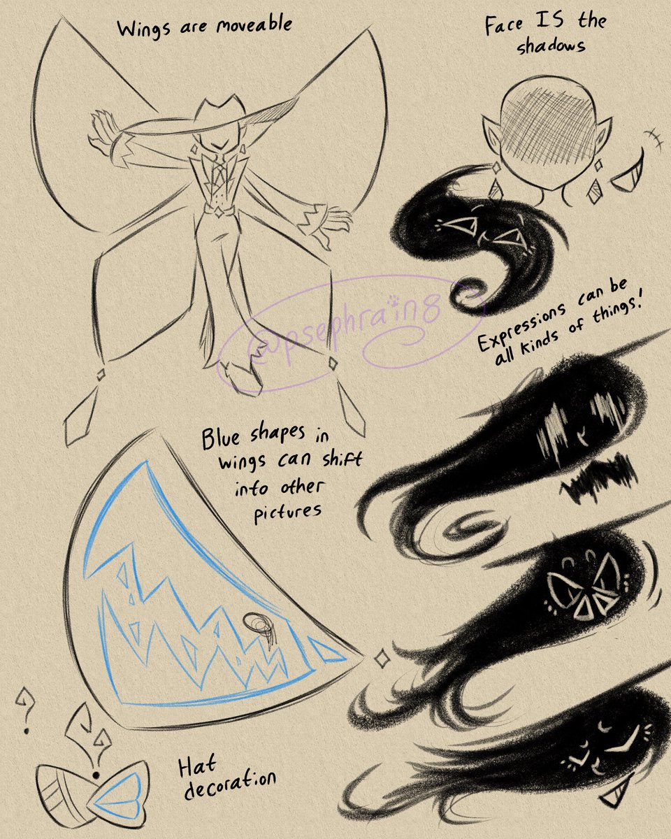 PsephRain8's tweet image. #Characterdesign I made a bit ago that I’m pretty proud of! A trickster fey lord-ish being called “The Dancing Dark”, made to represent fear of the unknown.
The chrysalis/butterfly motifs = fear of change, the shadow ones = fear of the dark. Both are also fears of the unknown
#oc