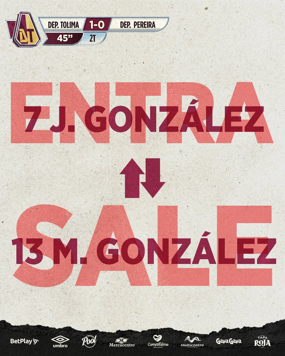cdtolima's tweet image. 45’ ⏱️ Cambio en el PIJAO.
Entra Jersson González, sale Mauricio González.
| Deportes Tolima 1-0 Deportivo Pereira |