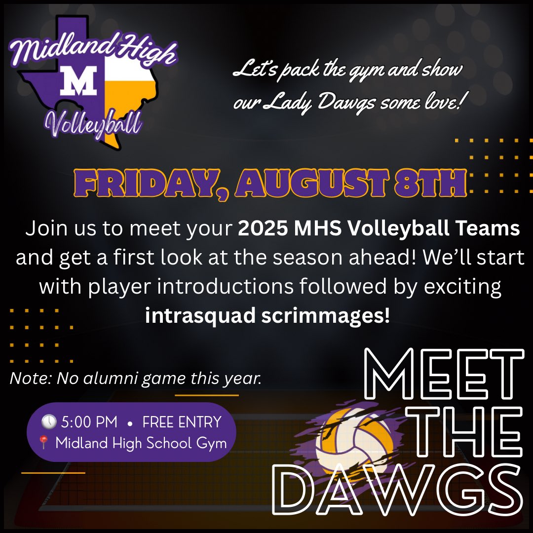 Midland High VB (@midlandhighvb) on Twitter photo Come join us for Meet the Dawgs on August 8th! #OYB
<a href="/AthleticsMISD/">Midland ISD Athletics</a> <a href="/Wesley_A_Torres/">Wes Torres</a> <a href="/a_acosta_jr/">Alfred Acosta Jr</a> <a href="/amlopez4/">Amanda Lopez</a> <a href="/DrSDHoward/">Dr. Stephanie Howard</a> Come join us for Meet the Dawgs on August 8th! #OYB
<a href="/AthleticsMISD/">Midland ISD Athletics</a> <a href="/Wesley_A_Torres/">Wes Torres</a> <a href="/a_acosta_jr/">Alfred Acosta Jr</a> <a href="/amlopez4/">Amanda Lopez</a> <a href="/DrSDHoward/">Dr. Stephanie Howard</a>