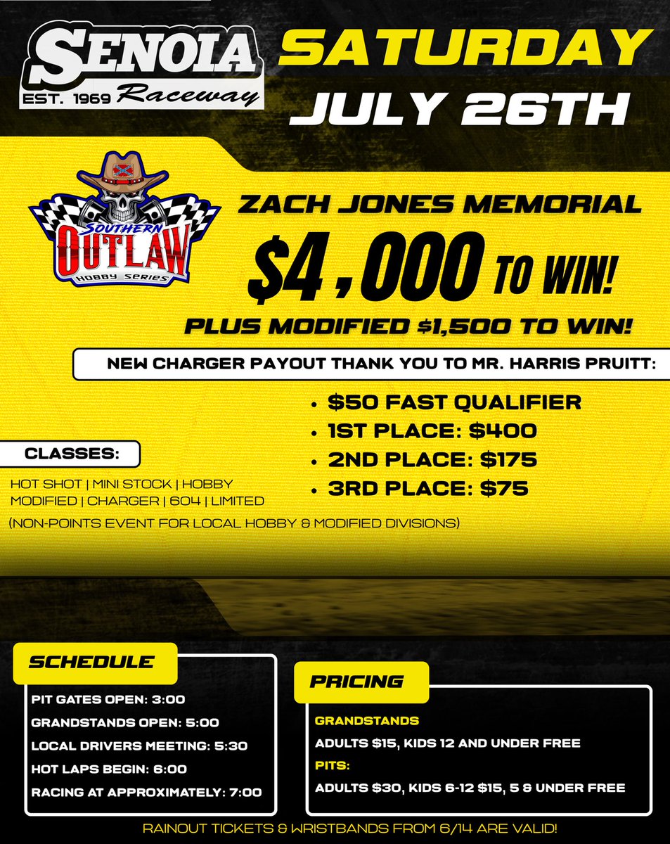 SenoiaR's tweet image. 📣 Tomorrow night at Senoia Raceway!
The schedule is out now, and we’ve got some exciting news for our Charger division!
Thanks to the support of Mr. Harris Pruitt, the Charger payout has increased:
🏁 $50 Fast Qualifier
🥇 $400 to Win
🥈 $175 for 2nd
🥉 $75 for 3rd