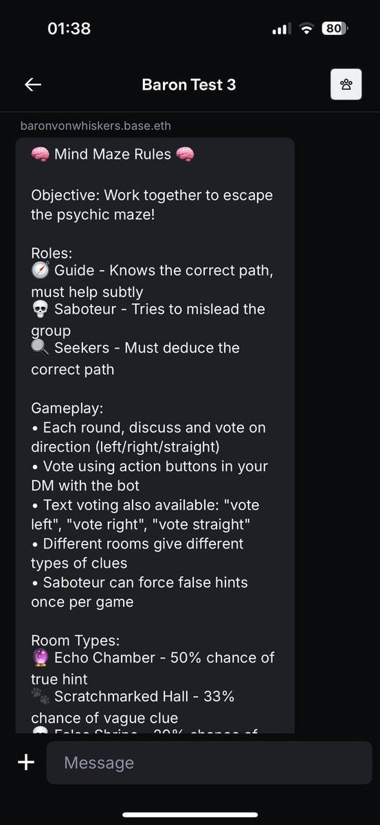 rob_cattownbase's tweet image. gm i've made a little social deduction game which runs on the Base app, if anyone is interested in giving it a go pls dm me and I'll add you to the testing group
scores are recorded onchain on a contract, games are currently between 4-6 players