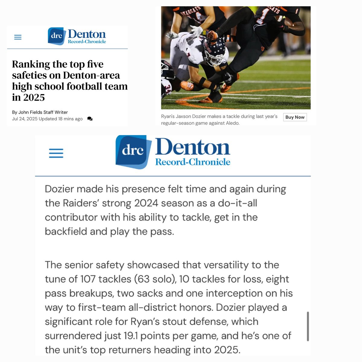 Thank you <a href="/sports_drc/">DRC Sports</a> for the recognition. We are putting in the work to bring home the State trophy this season. <a href="/RyanRaiderFB/">Denton Ryan FB ⭐️⭐️⭐️</a> is HOME of CHAMPIONS. 🤞🏾