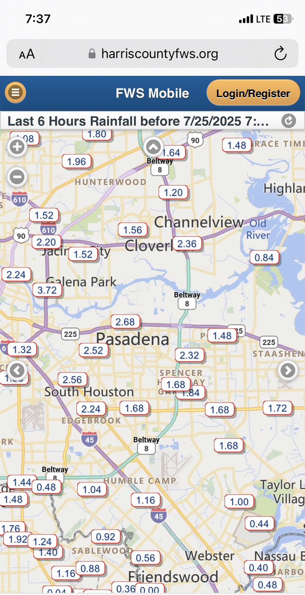 JeffLindner1's tweet image. Heavy rainfall counties over SE Harris County although rainfall rates are coming down some. Street flooding likely in the blue circled area #houwx #txwx