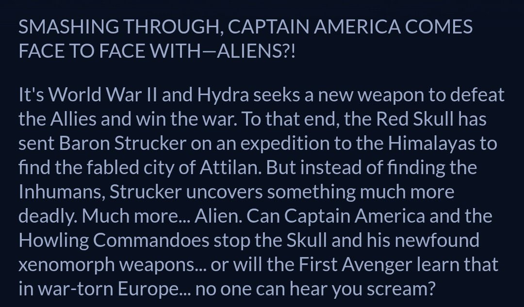 FrankTieri's tweet image. Just announced from @Marvel …ALIEN VS CAPTAIN AMERICA! Me & Stefano Raffaele ! Cap! Aliens! Bucky! The Howling Commandos! Hydra! The Red Skull! All set against the backdrop of WW2! In war torn Europe… no one can hear you scream! The invasion arrives —this November!