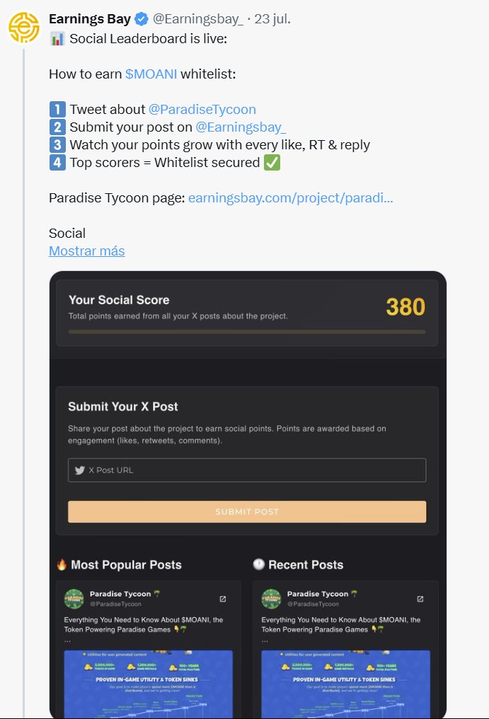 jedigizmo17's tweet image. 🚨 4 Ways to Enter the $MOANI Presale 🌸🚀
1. Trade on @Earningsbay_
📈 Climb the Trading Leaderboard
💬 Post about $MOANI & rank on the Social Leaderboard
📢 Generate engagement, earn your spot!
⚠️ Hurry, the presale starts soon!
2. Stake 25k xAPEX on @apex314_defi 🔐 Hurry!…