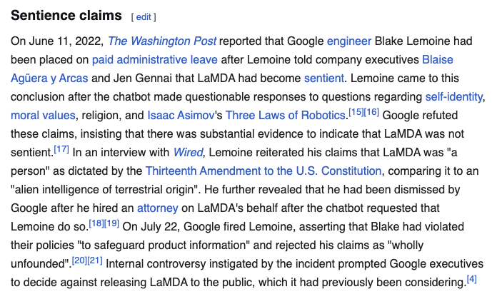 snwy_me's tweet image. probably the first instance of LLM psychosis in 2022 

a guy working on ML at Google started believing the LaMDA model that they were working on in secret was sentient