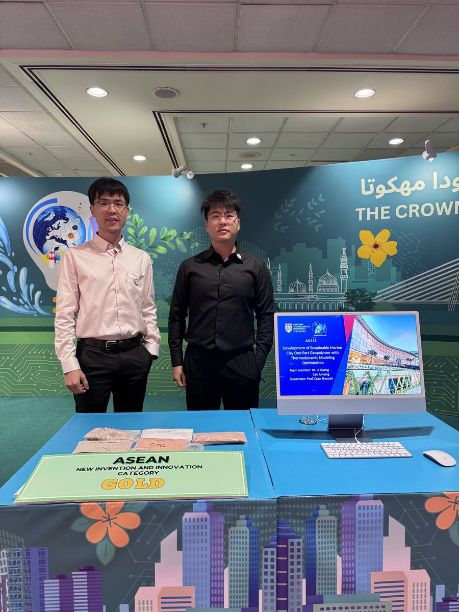 NTUsg's tweet image. Rewriting foundational rules: For turning marine clay into a low-carbon, “just-add-water” cement alternative, a team of #NTUsg researchers has clinched 1st Prize (ASEAN Category – New Invention & Innovation) at the 2025 Crown Prince CIPTA Awards in Brunei. Their invention —…
